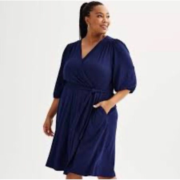 Draper James Dresses & Skirts - NEW Draper James RSVP Knit Faux Wrap Dress 1X Navy Blue Surplice Knee Length